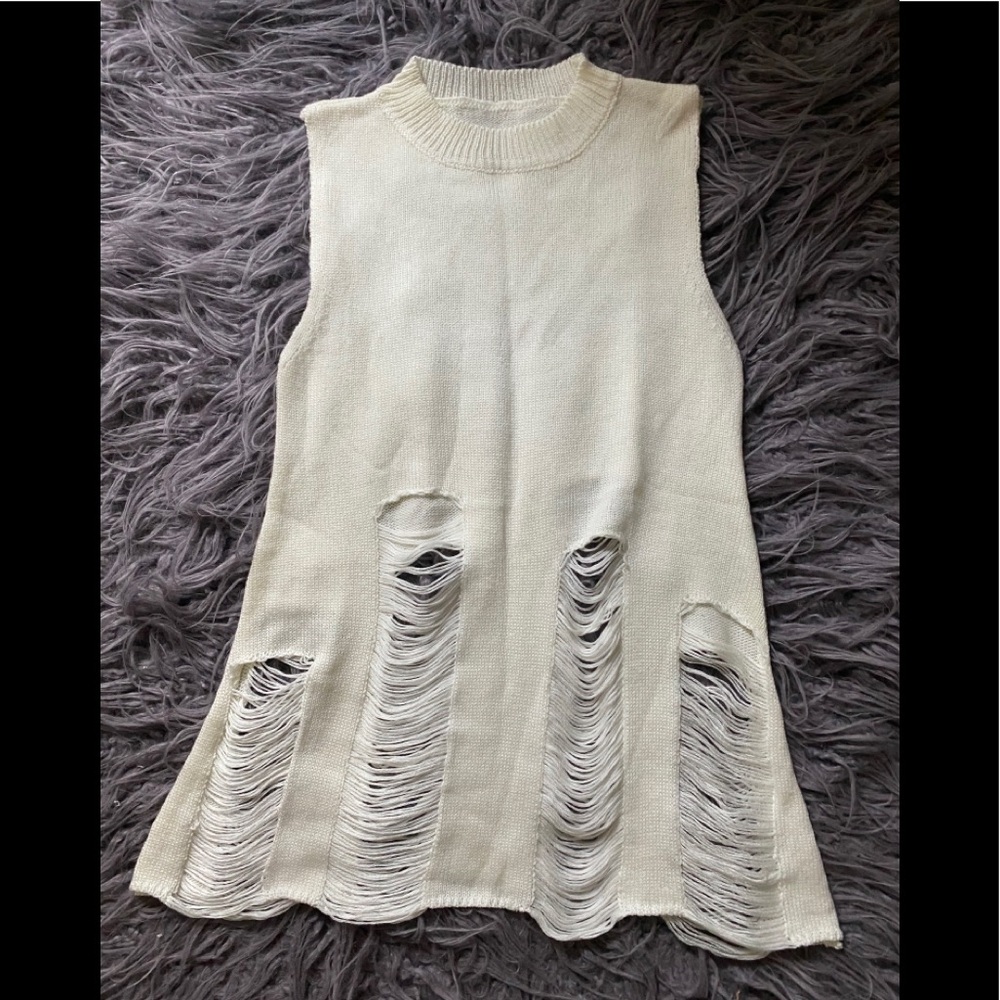 White distressed sleeveless sweater